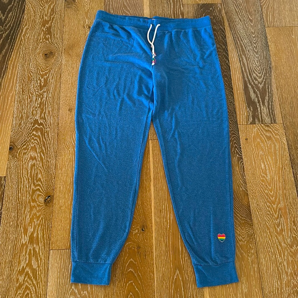 PJ SALVAGE blue & rainbow lounge joggers. Size XL